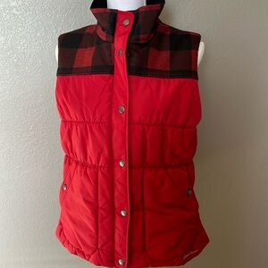 Eddie Bauer women’s down-look vest. Red w/buffalo plaid yoke. Size Large.